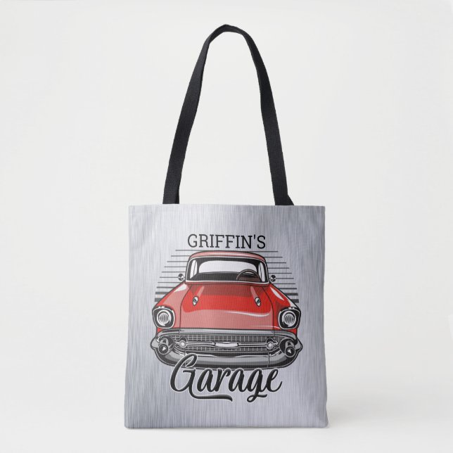 Personalised NAME Retro Red Classic Car Garage Tote Bag (Front)