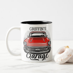 Personalised NAME Retro Red Classic Car Garage Two-Tone Coffee Mug