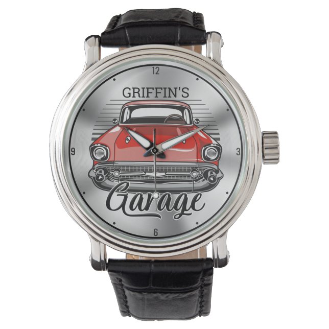 Personalised NAME Retro Red Classic Car Garage Watch (Front)