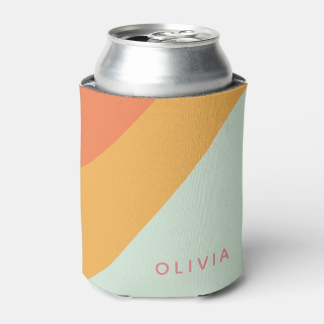 Personalised Name Retro Stripes Pastel Mint Peach Can Cooler (Can Front)