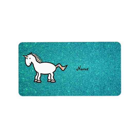 Personalised name retro unicorn turquoise glitter address label