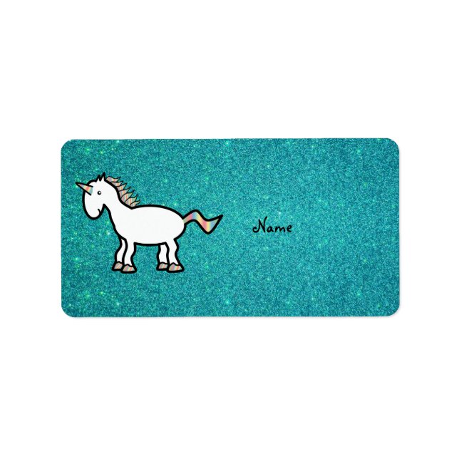 Personalised name retro unicorn turquoise glitter label (Front)