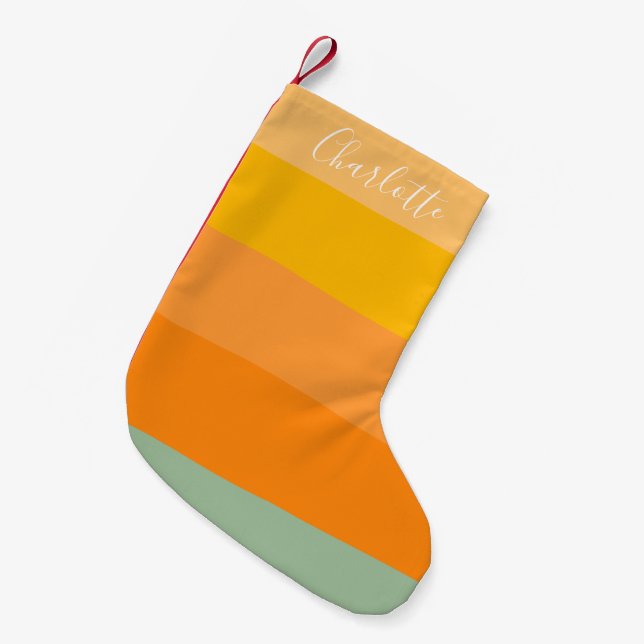 Personalised Name Retro Warm Sunset Yellow Green Small Christmas Stocking (Front (Hanging))