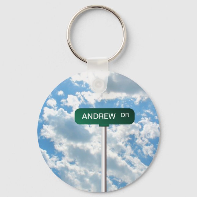 Personalised Name Road Street Sign on Blue Sky Key Ring (Front)