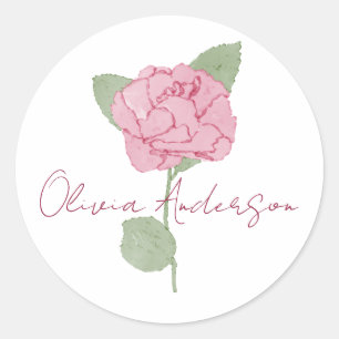 Personalised Name Rose Flower Watercolor Minimal  Classic Round Sticker