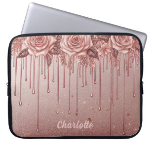 Personalised Name Rose Gold Dripping Glitter Laptop Sleeve