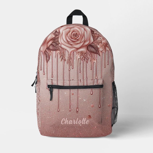 Personalised Name Rose Gold Dripping Glitter Printed Backpack (Front)