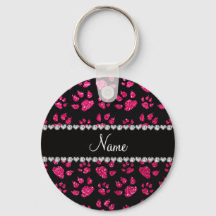Personalised name rose pink glitter cat paws key ring