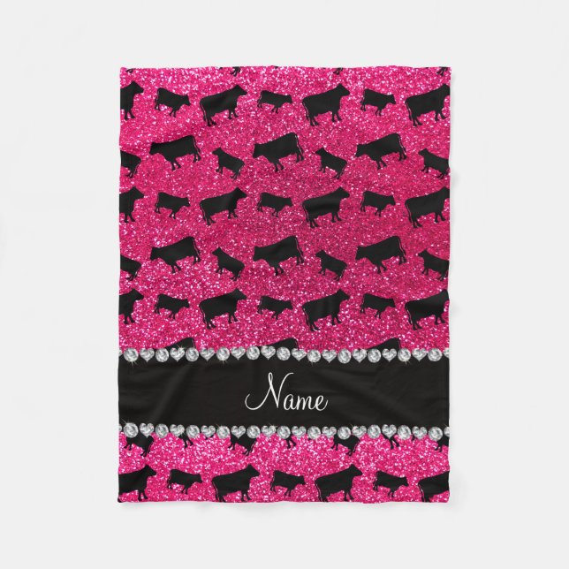 Personalised name rose pink glitter cows fleece blanket (Front)