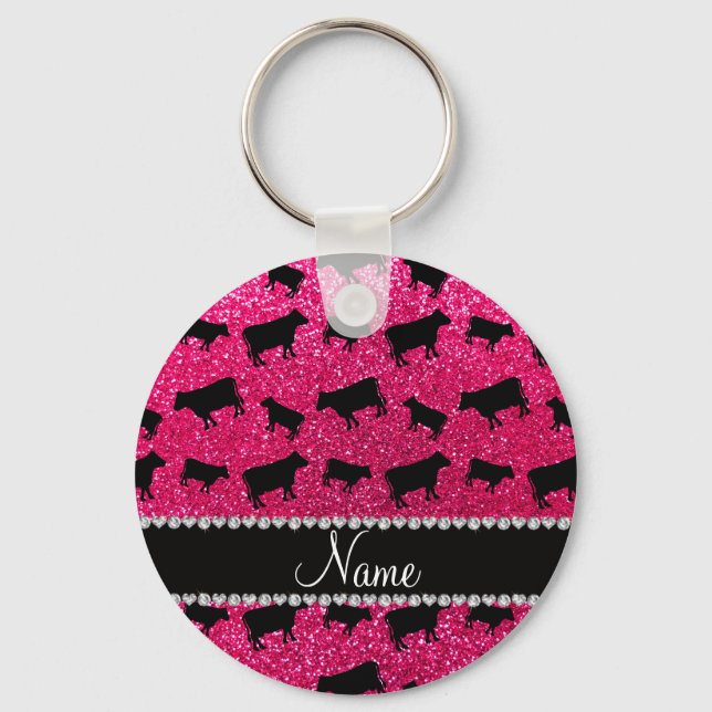 Personalised name rose pink glitter cows key ring (Front)