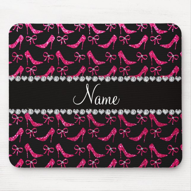 Personalised name rose pink glitter high heels bow mouse mat (Front)