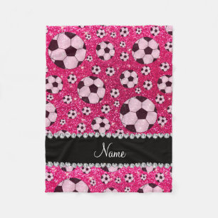Personalised name rose pink glitter soccer fleece blanket