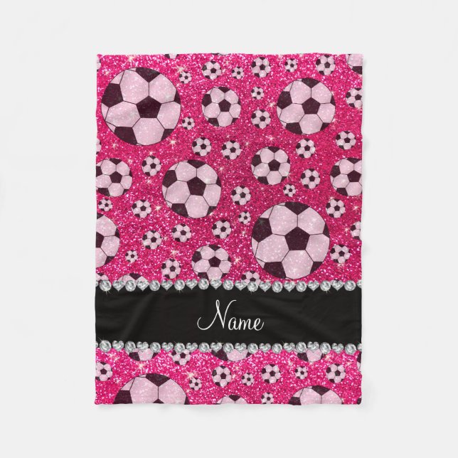 Personalised name rose pink glitter soccer fleece blanket (Front)