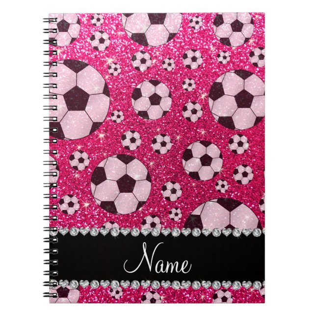 Personalised name rose pink glitter soccer notebook (Front)