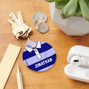 Personalised name rugby jersey blue and light blue key ring