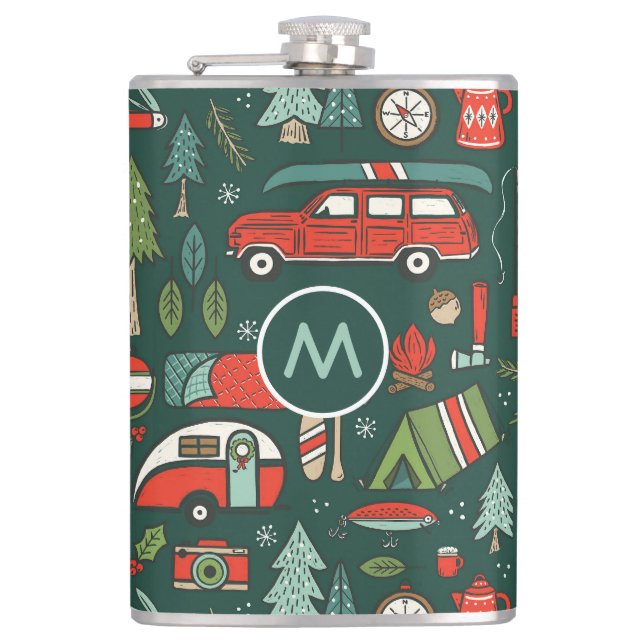 Personalised Name Rustic Christmas Camping Hip Flask (Front)