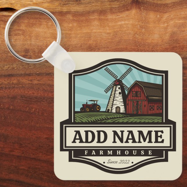 Personalised NAME Rustic Farmhouse Old Windmill Key Ring (Front)