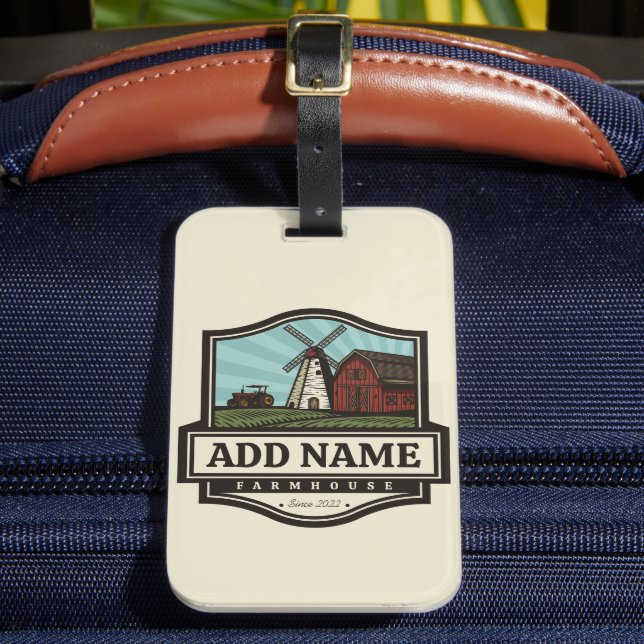 Personalised NAME Rustic Farmhouse Old Windmill Luggage Tag (Front Insitu 2)