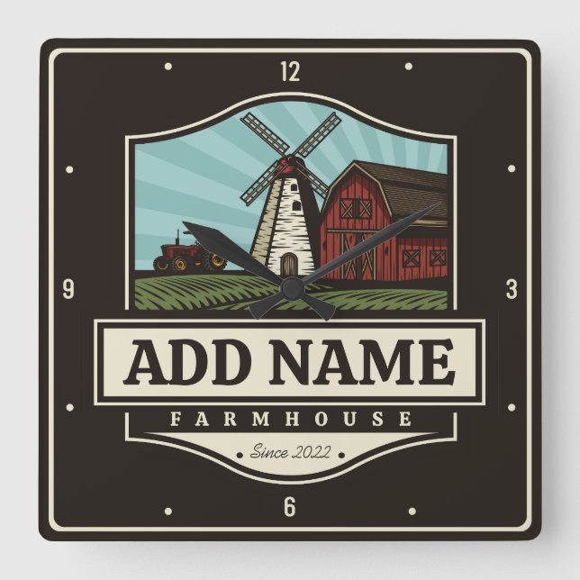 Personalised NAME Rustic Farmhouse Old Windmill  Square Wall Clock (Front)