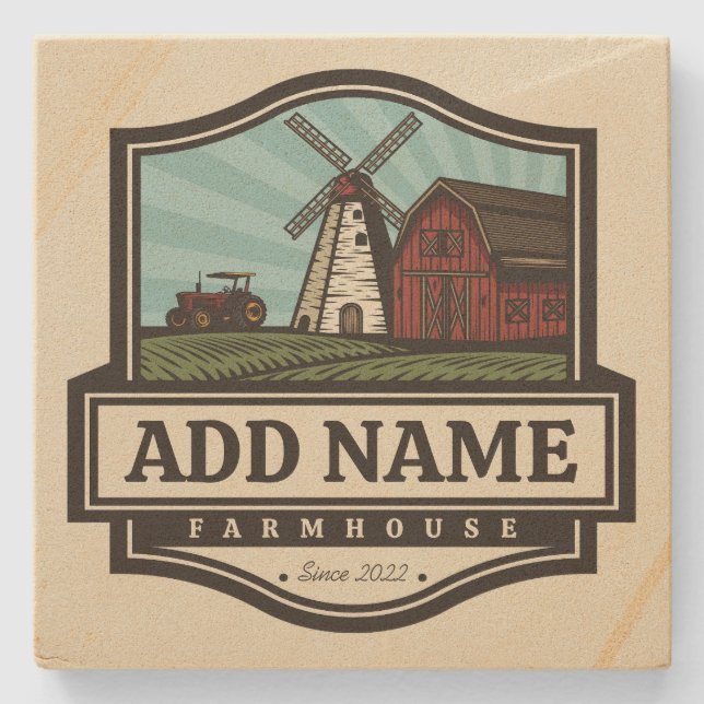 Personalised NAME Rustic Farmhouse Old Windmill  Stone Coaster (Front)