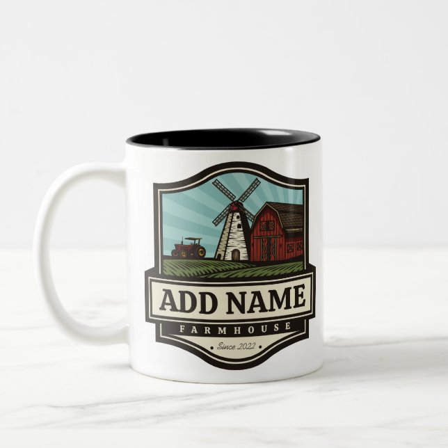 Personalised NAME Rustic Farmhouse Old Windmill Two-Tone Coffee Mug (Left)
