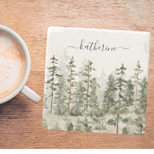 Personalised Name Rustic Green Pine Forest Pinery Stone Coaster