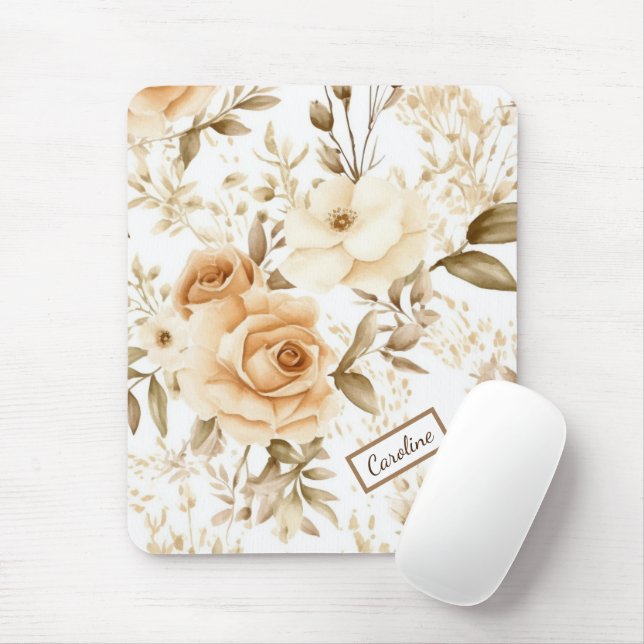 Personalised Name Rustic Modern Boho Roses Neutral Mouse Mat (With Mouse)