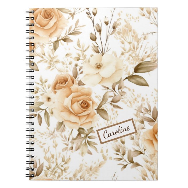 Personalised Name Rustic Modern Boho Roses Neutral Notebook (Front)