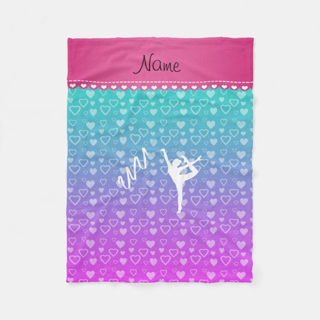 Personalised name rythmic gymnast blue pink hearts fleece blanket (Front)