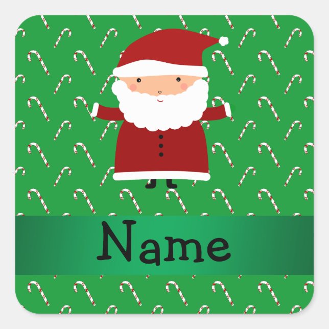 Personalised name santa green candy canes square sticker (Front)