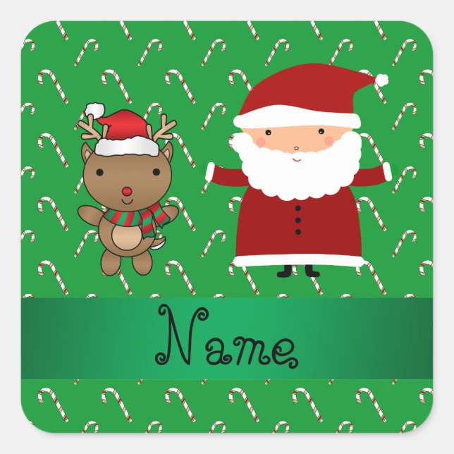 Personalised name santa green candy canes square sticker (Front)