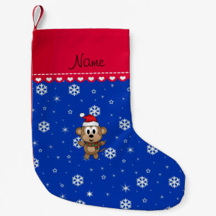 Personalised name santa monkey blue snowflakes small christmas stocking