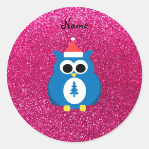 Personalised name santa owl pink glitter classic round sticker