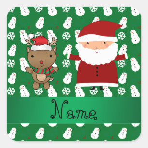 Personalised name santa reindeer green snowman square sticker