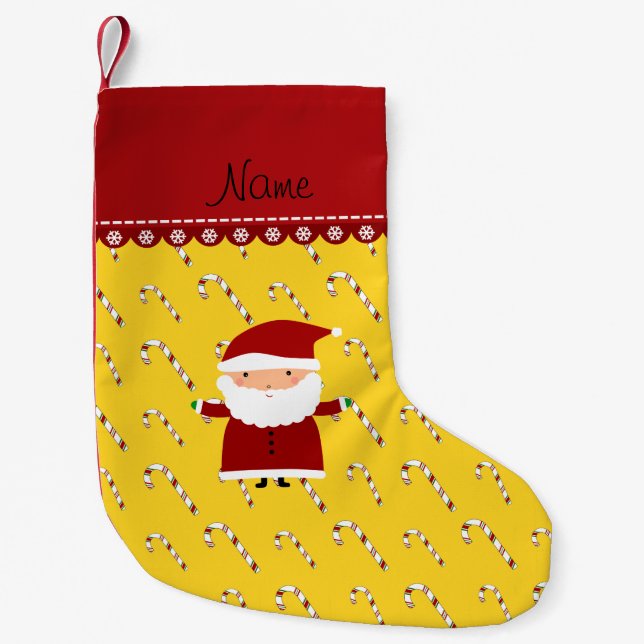 Personalised name santa yellow candy canes small christmas stocking (Front)