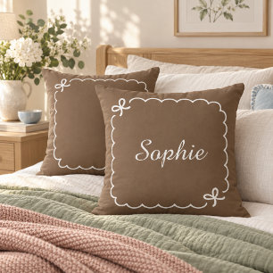 Personalised Name Scalloped Bow Neutral Throw Cushion