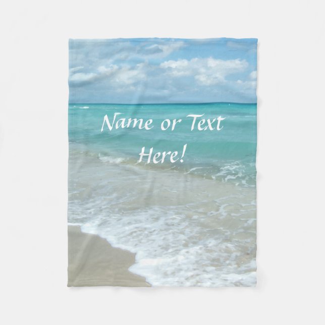Personalised Name Scenic Aqua White Beach Fleece Blanket (Front)