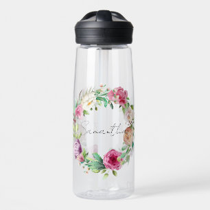 Personalised Name Script Flowers Wreath Rose Water Bottle