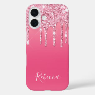 Personalised Name Script Pink Glitter Dripping iPhone 16 Case