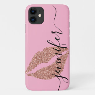 Personalised Name, Script-Rose Gold Lips, Pink iPhone 11 Case