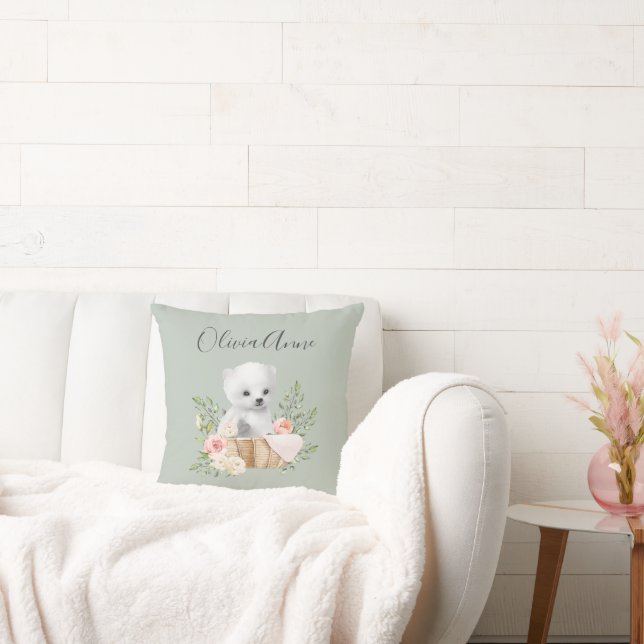 Personalised Name Script Sage Green Polar Bear Cushion (Couch)