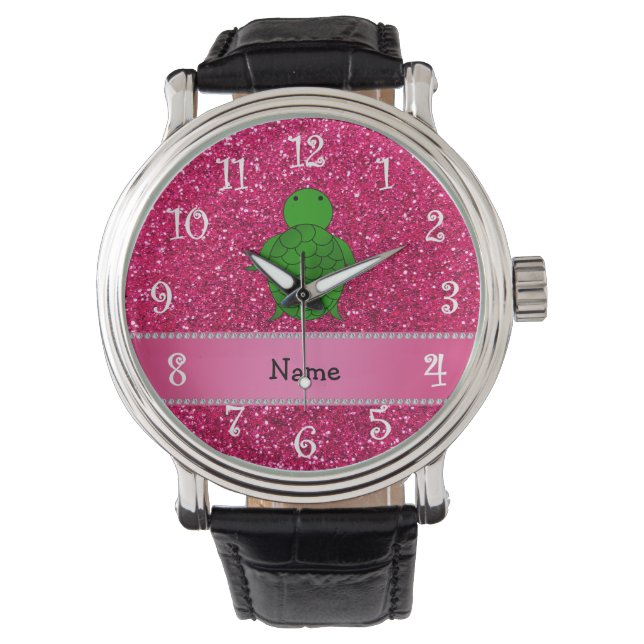 Personalised name sea turtle pink glitter watch (Front)