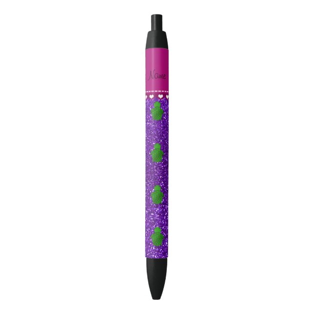 Personalised name sea turtle purple glitter black ink pen (Front Vertical)