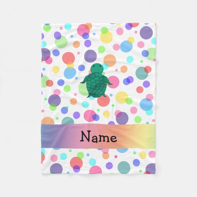 Personalised name sea turtle rainbow polka dots fleece blanket (Front)