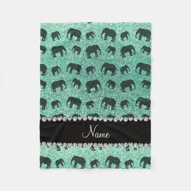 Personalised name seafoam green glitter elephants fleece blanket (Front)