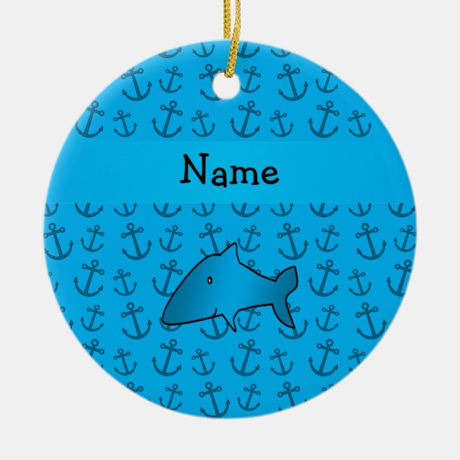 Personalised name shark blue anchors pattern ceramic tree decoration (Front)