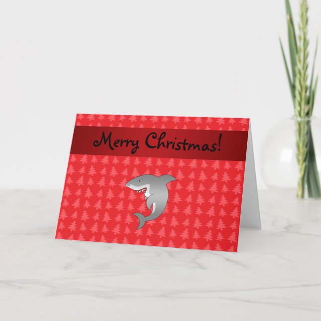 Personalised name shark red christmas trees holiday card (Front)