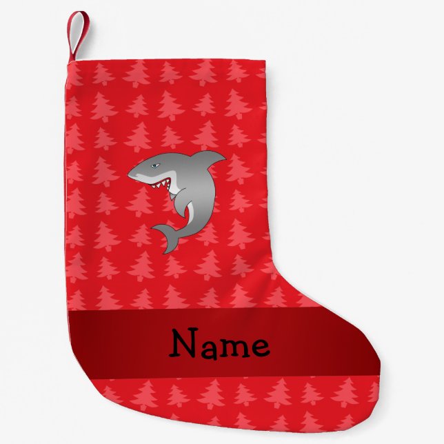 Personalised name shark red christmas trees small christmas stocking (Front)