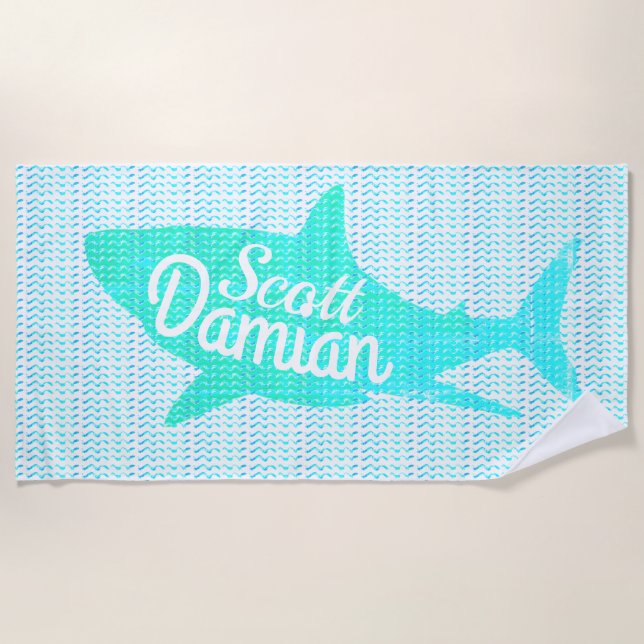 Personalised Name Shark Waves Custom Colours Beach Towel (Front)