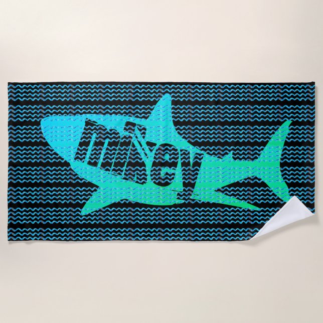 Personalised Name Shark Waves Custom Colours Beach Towel (Front)
